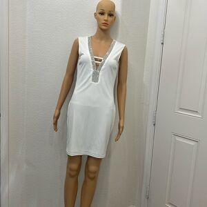 Shop 17 Dress White Silver Sparkle V Neck Backless Sleeveless Mini Lined Sexy